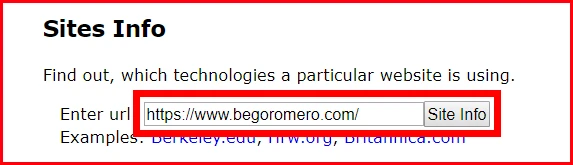 Formulario de W3Tech para saber que tecnologías web utiliza una página
